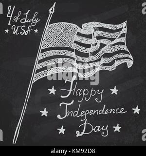 Usa waving flag, American symbol, forth of july, Hand drawn sketch, text happy independence day, vector illustration, on chalkboard background. Stock Vector