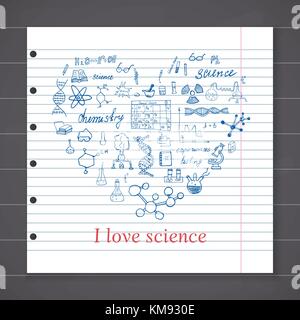 Chemistry and sciense elements doodles icons set. Hand drawn sketch with microscope, formulas, experiments equpment, analysis tools, vector illustrati Stock Vector