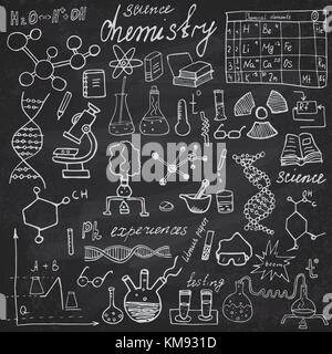 Chemistry and sciense elements doodles icons set. Hand drawn sketch with microscope, formulas, experiments equpment, analysis tools, vector illustrati Stock Vector