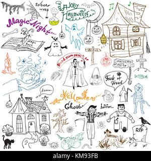 Sketch of halloween design elements with pumpkin, witch, cat, ghost, skull, bats, spiders with web. Doodles set with Lettering, Hand-Drawn Vector Illu Stock Vector