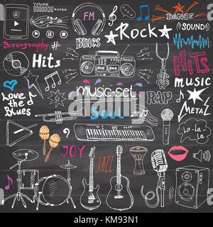 Music items doodle icons set. Hand drawn sketch with notes, instruments, microphone, guitar, headphone, drums, music player and music styles lettering Stock Vector