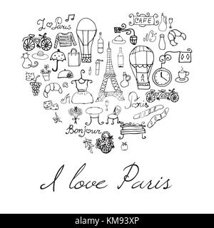 Paris doodles elements. Hand drawn set withefel tower bred cafe flowers and bicycle. Drawing doodle collection, in heart shape, isolated on white back Stock Vector