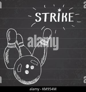 Sport bowling ball and pins Hand drawn sketch sports items. Drawing doodles elements with sign strike on chalkboard background Stock Vector