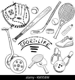 Sport sketch doodles elements. Hand drawn set with baseball bat and glove, segway bowlong, hokkey tennis items, Drawing doodle collection, isolated on Stock Vector