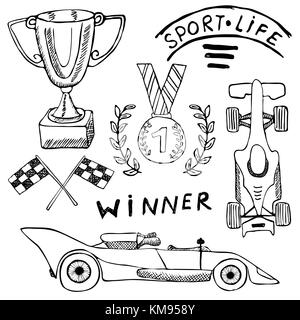 Sport auto items doodles elements. Hand drawn set with Flag icon. Checkered or racing flags first place prize cup. medal and rasing car, race vector i Stock Vector