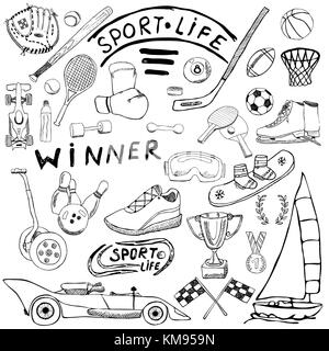 Sport life sketch doodles elements. Hand drawn set with baseball bat, glove, bowling, hockey tennis items, race car, cup medal, boxing, winter sports. Stock Vector