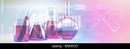 DNA helix and brain interface against laboratory flask with chemical solutions Stock Photo