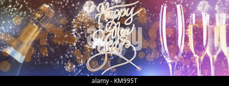 Happy New Year message against white fireworks exploding on black background Stock Photo