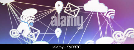 Lines connecting various networking icons against gray and purple background Stock Photo