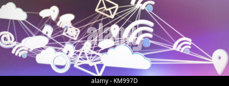 Lines connecting various networking icons against pink and purple background Stock Photo