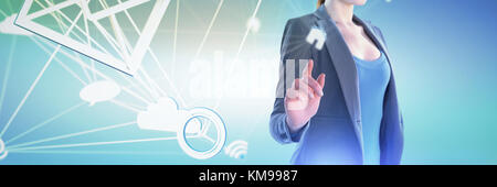 Mid section of businesswoman using imaginary interface against abstract green background, Stock Photo