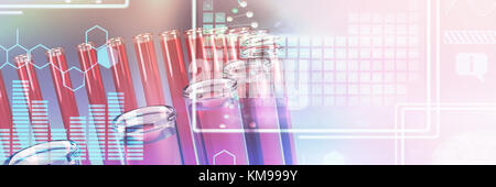Digital image of brain with DNA helix and graph against test tube with chemical solution Stock Photo