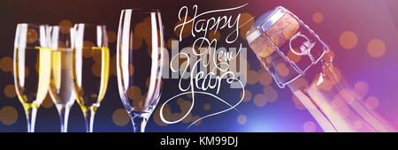 Happy New Year message against three full glasses of champagne and one empty Stock Photo