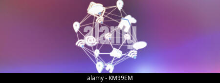 Lines connecting various networking icons against pink and purple colors background Stock Photo