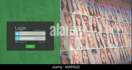 Close-up of login page against collage of portraits Stock Photo