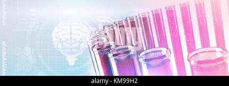 DNA helix and brain interface against test tube with chemical solution Stock Photo