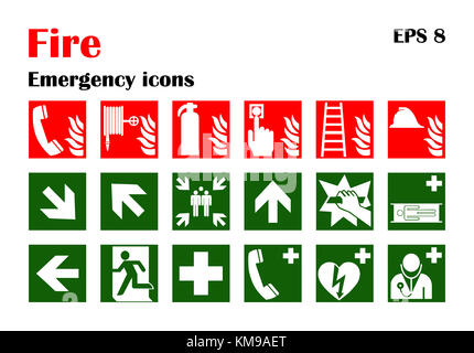 Set of fire emergency icons. Signs of evacuations. Illustration isolated on white Stock Photo