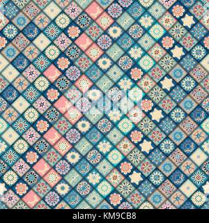 Vintage seamless pattern with tile patchwork elements. Winter ornament with snowflakes. Can be used for fabric, wallpaper, tile, wrapping, covers and  Stock Vector