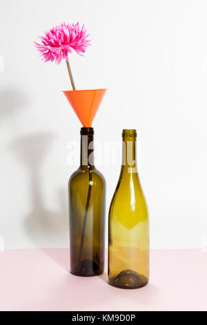 Two brown glass bottles isolated on a bicolor background. a funnel with pink flower inside. Minimal wacky color still life photography Stock Photo