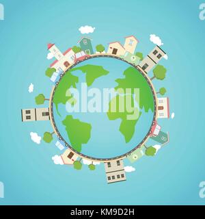 Earth planet with city ,park , cars.Fantasy world with town around.Beautiful earth with eco city concept.Travel on globe.Vector illustration Stock Vector