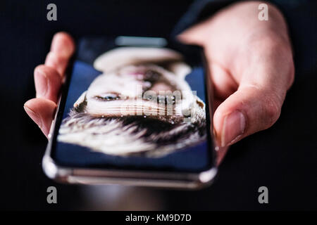 A smartphone using face ID recognition system. Stock Photo