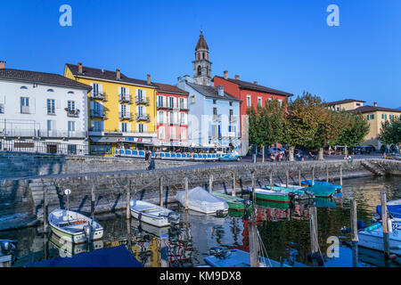 Boats in the marina in the town of Ascona on Lake Maggiore, Ticino, Switzerland, Europe. Stock Photo