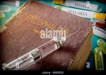 Vintage Syringe On A Book Of encephalitis, Medical Concept Stock Photo
