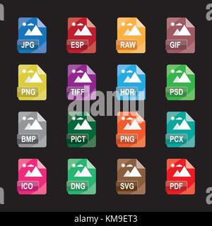 image file formats, file extensions, Flat colorful vector icons, isolated on white background. Stock Vector