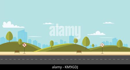 Street in public park with nature landscape and building background vector illustration.Main street scene with public sign vector.City street with sky Stock Vector