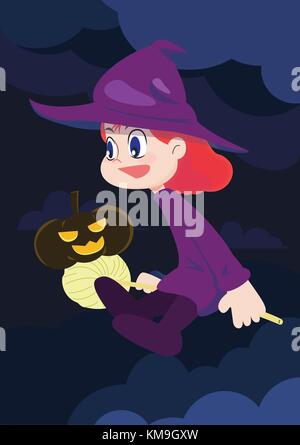 Cute witch girl character with pumpkin in Halloween day festival.Halloween happy concept.Kid on broom cartoon with black sky.Vector illustration. Stock Vector
