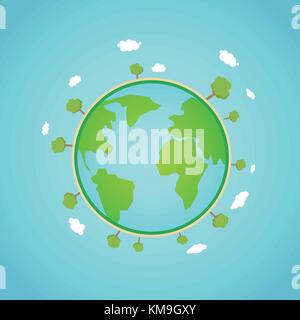 Eco earth global concept vector illustration.Green world with tree and clouds around.Planet globe with nature and sky background Stock Vector