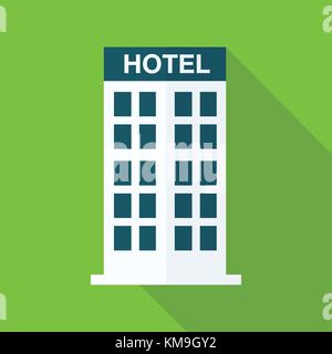 Flat hotel building with long shadow on green background vector. Stock Vector