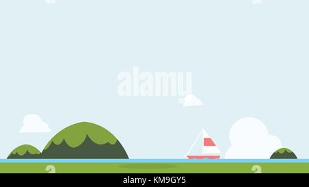 Flat nature landscape with sailboat and sky background vector illustration.Seascape with green mountains and background.Tropical sea Asia view . Stock Vector