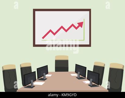 Meeting room with computer ,paper ,chair and static graph board.Vector illustration.Business room for meeting. Stock Vector