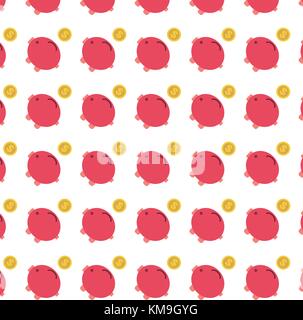 Flat red Piggy bank with gold coin pattern background vector illustration.Cute pig with money pattern. Stock Vector