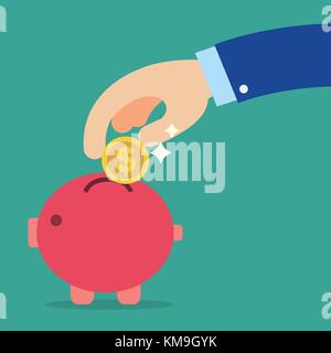 Business hand holding coin into red piggy bank with green background.Saving money concept Stock Vector