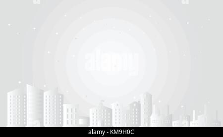 Cityscape with stars paper art style vector illustration.City in white scene.Christmas town concept. Stock Vector