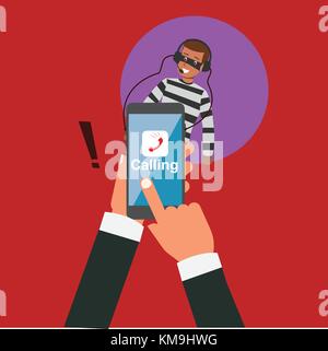 Business hand calling with application but hacker eavesdropping vector illustration.Robbery online business concept.Hacker spy listen your phoning. Stock Vector