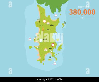 Thailand tropical islands with culture icons and text vector illustration.Phuket island in Thailand.Island map in Asia. Stock Vector