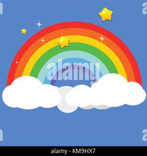 Beautiful rainbow on clouds with star at night vector illustration. Shade of color background.Fantasy nature scene background. Stock Vector