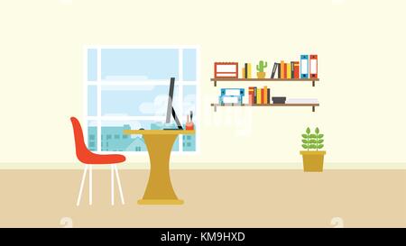 workspace in room with city view out of window vector.Computer on desk in room with cartoon style. Stock Vector