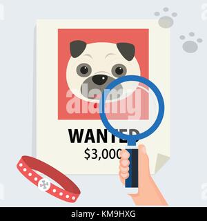 flat hand with magnification find cute dog from poster and footmark vector illustration.Missing dog and finding concept. Stock Vector