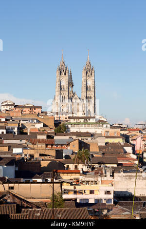 Quito Ecuador - Basílica del Voto Nacional rising above the rooftops, Quito Old Town, UNESCO World Heritage Site, Quito Ecuador South America Stock Photo