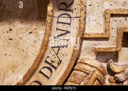 Woodworm in church - close up of woodworm holes in wooden decoration in a church, South America Stock Photo