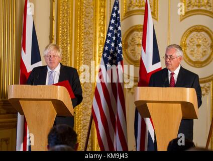 U.S. Secretary of State Rex Tillerson (left) and United Kingdom Foreign Secretary Boris Johnson speak during a joint press conference September 14, 2017 in London, England.  (photo by State Department Photo via Planetpix) Stock Photo