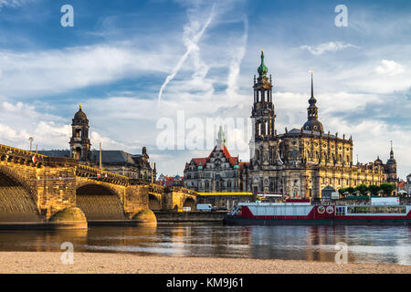 Augustus Bridge (Augustusbrucke) and Cathedral of the Holy Trinity (Hofkirche) over the River Elbe in Dresden, Germany, Saxony. Stock Photo