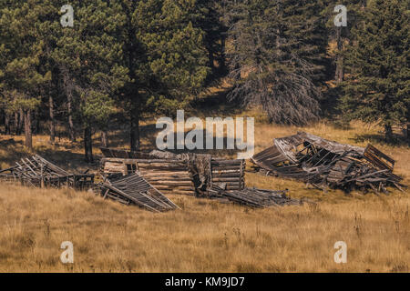 Cabins decaying into the earth in an old movie set in Valles Caldera National Preserve, a preserve run by the National Park Service, New Mexico, USA Stock Photo