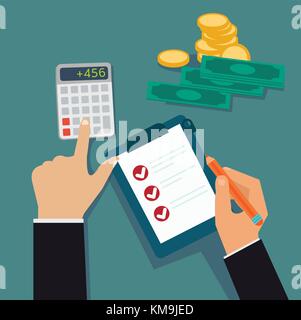 Flat business hands checking board and calculated cost, profit with money vector illustration.Financial concept vector. Stock Vector