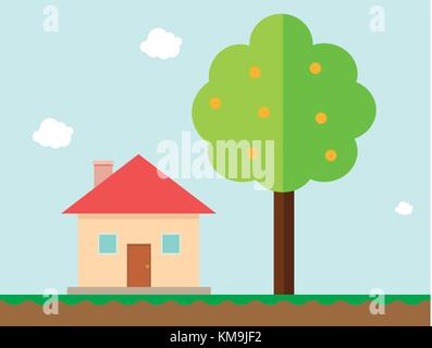 House and orange tree in gaming style vector illustration.Country home with tree and sky background.Flat home vector Stock Vector