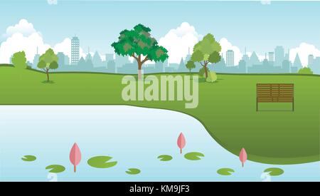 Public park in city with wood bench and lotus lake front vector.Green lawn to relax and town background.Beautiful spring landscape nature and city bac Stock Vector